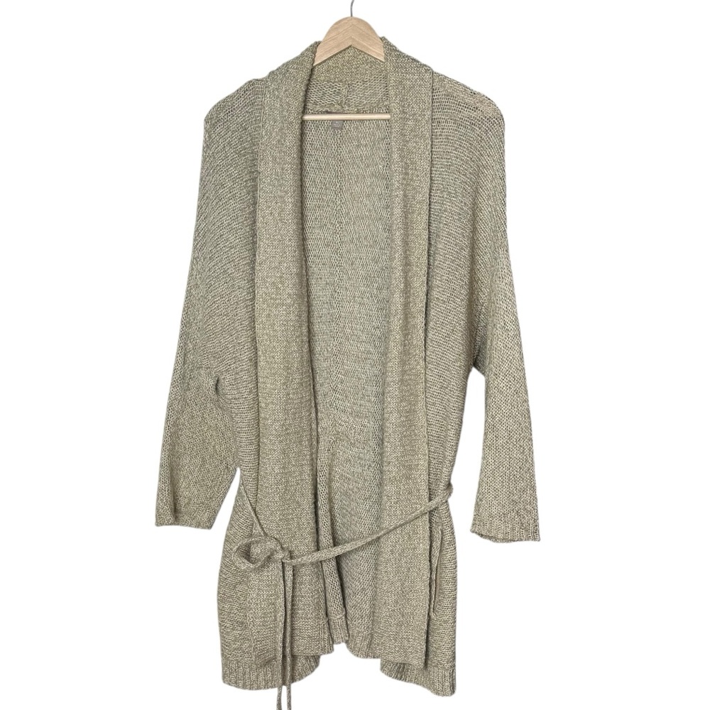 J. Jill Open Knit Tie Waist Long Cardigan Size XL Tan Beach Drapey Lagenlook